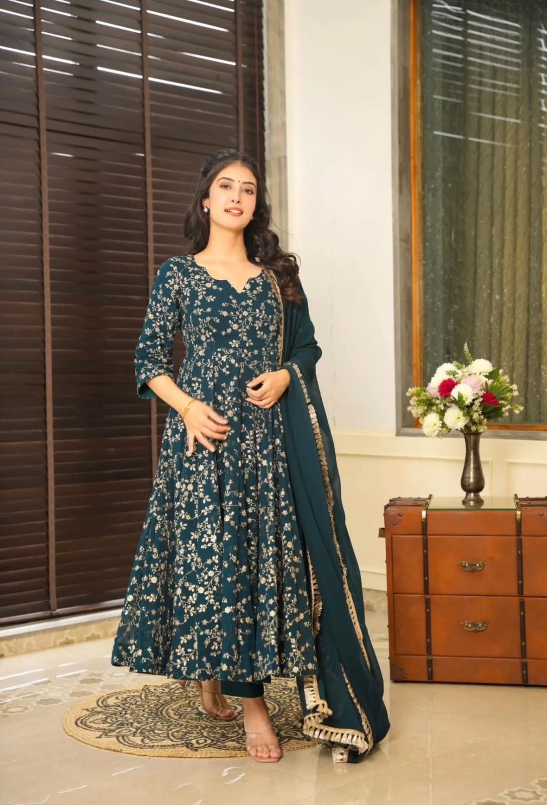 Graceful Teal Color Heavy Faux Georgette With Embroidery Work Anarkali Gown