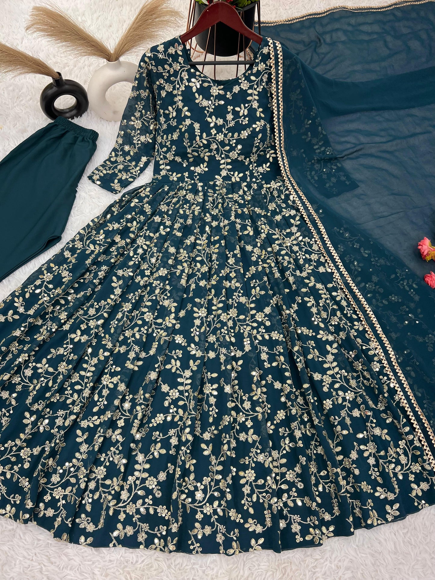 Graceful Teal Color Heavy Faux Georgette With Embroidery Work Anarkali Gown