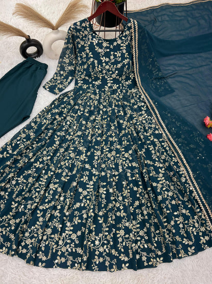 Graceful Teal Color Heavy Faux Georgette With Embroidery Work Anarkali Gown