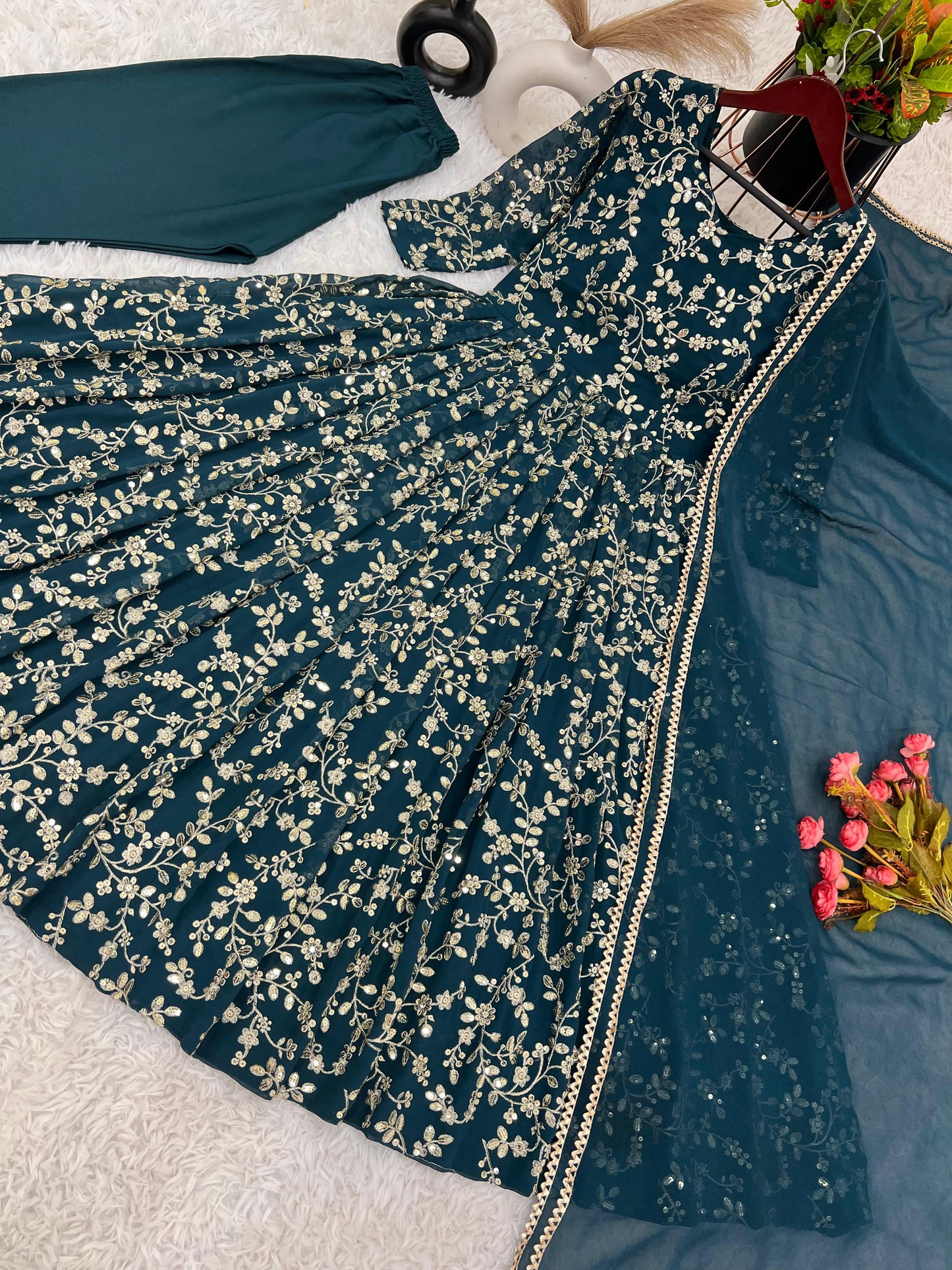 Graceful Teal Color Heavy Faux Georgette With Embroidery Work Anarkali Gown
