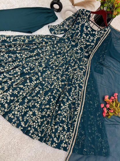 Graceful Teal Color Heavy Faux Georgette With Embroidery Work Anarkali Gown