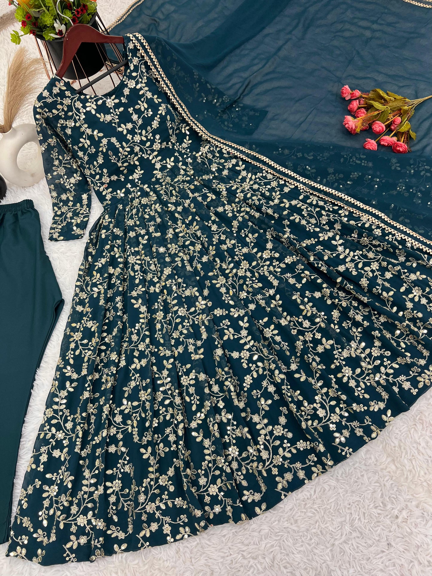 Graceful Teal Color Heavy Faux Georgette With Embroidery Work Anarkali Gown