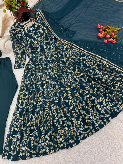 Graceful Teal Color Heavy Faux Georgette With Embroidery Work Anarkali Gown