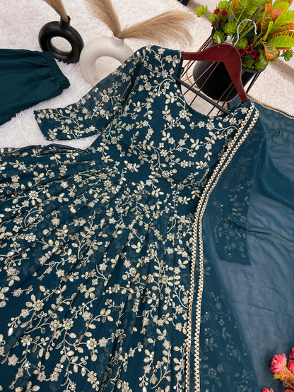 Graceful Teal Color Heavy Faux Georgette With Embroidery Work Anarkali Gown