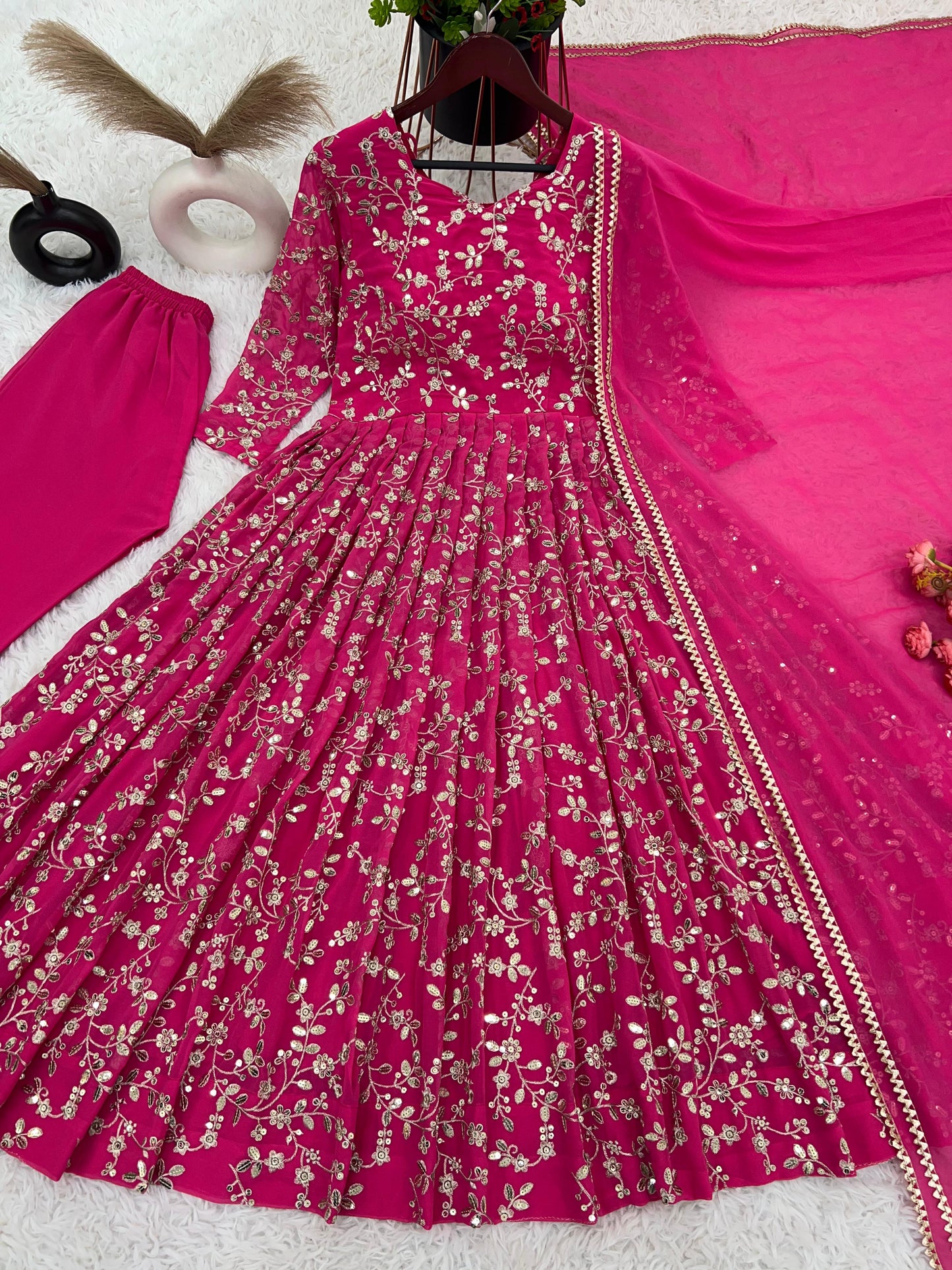Fantastic Pink Color Heavy Faux Georgette With Embroidery Work Anarkali Gown