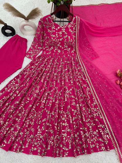 Fantastic Pink Color Heavy Faux Georgette With Embroidery Work Anarkali Gown