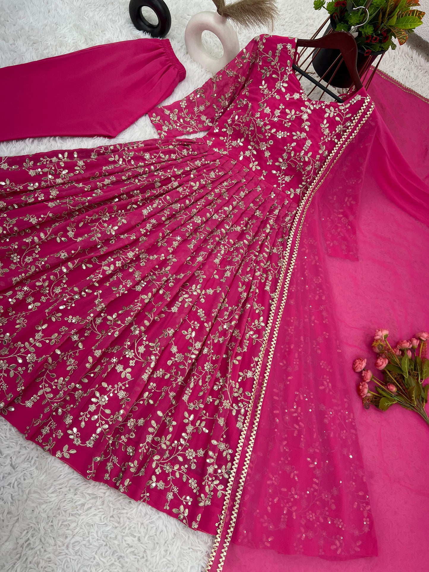 Fantastic Pink Color Heavy Faux Georgette With Embroidery Work Anarkali Gown