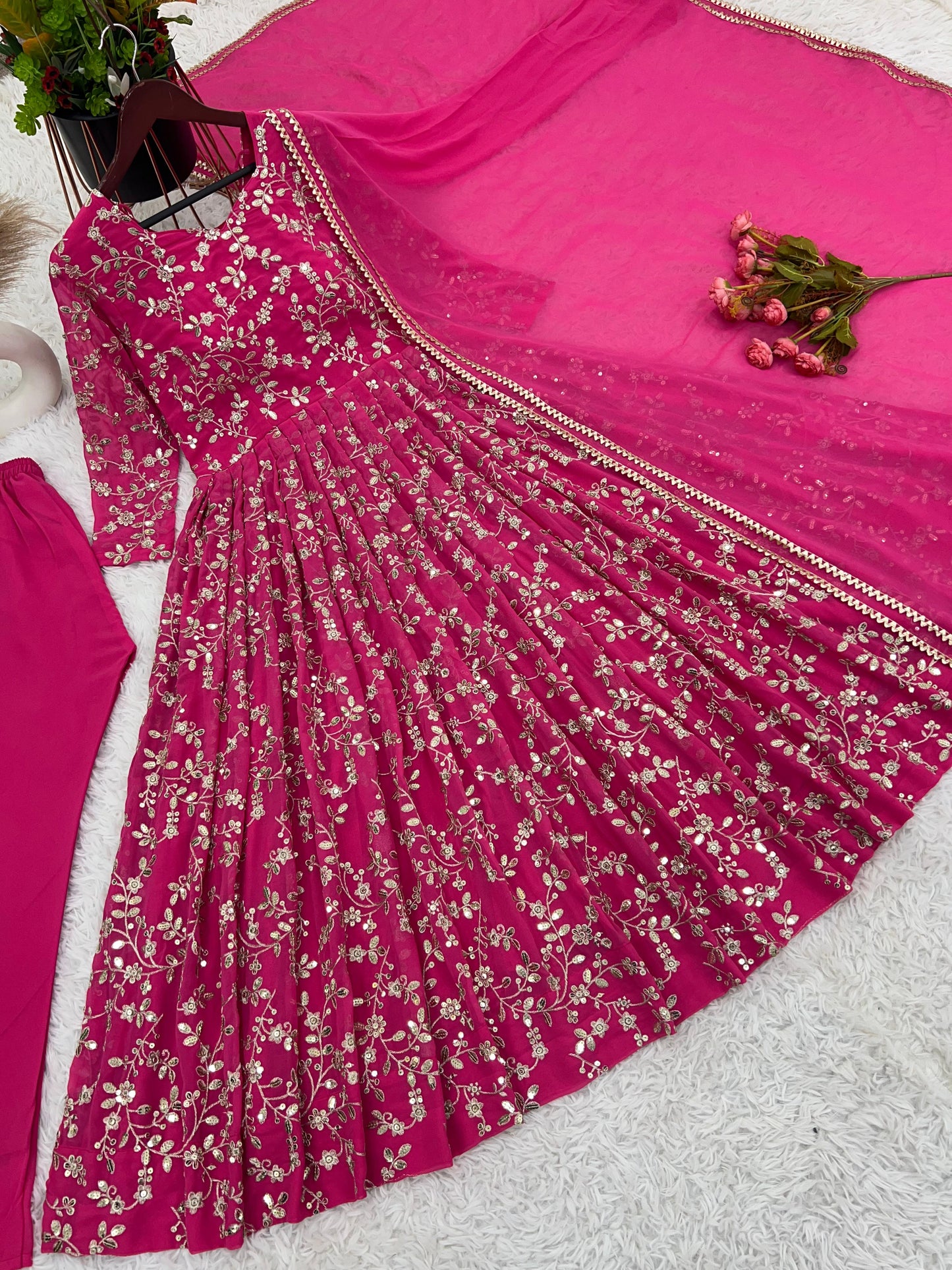 Fantastic Pink Color Heavy Faux Georgette With Embroidery Work Anarkali Gown