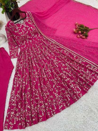 Fantastic Pink Color Heavy Faux Georgette With Embroidery Work Anarkali Gown