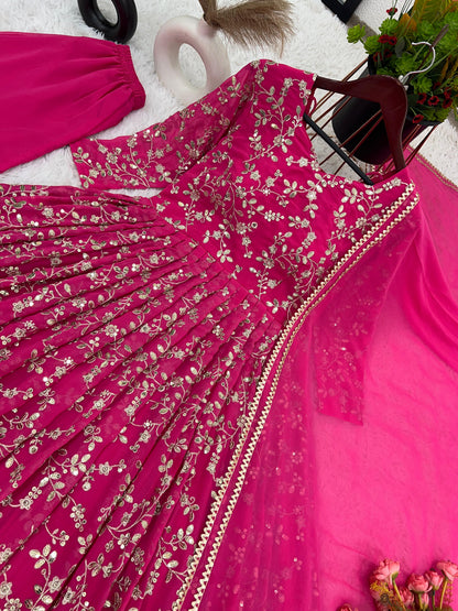 Fantastic Pink Color Heavy Faux Georgette With Embroidery Work Anarkali Gown