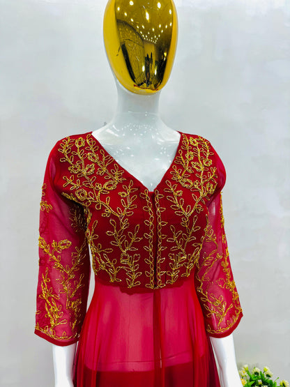 Latest Designer Dark Pink Color Heavy Faux Georgette With Hand Work Party Wear Suit