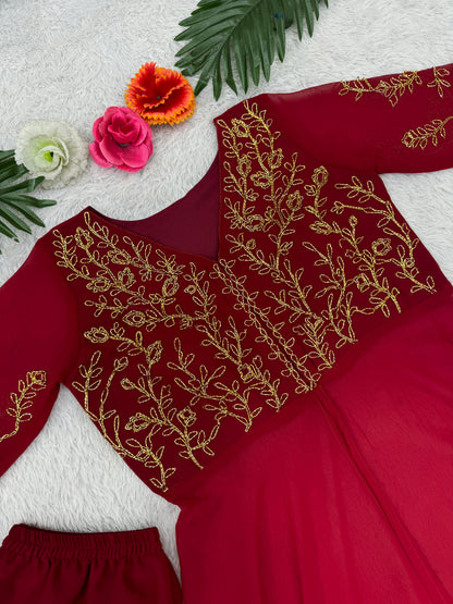 Latest Designer Dark Pink Color Heavy Faux Georgette With Hand Work Party Wear Suit