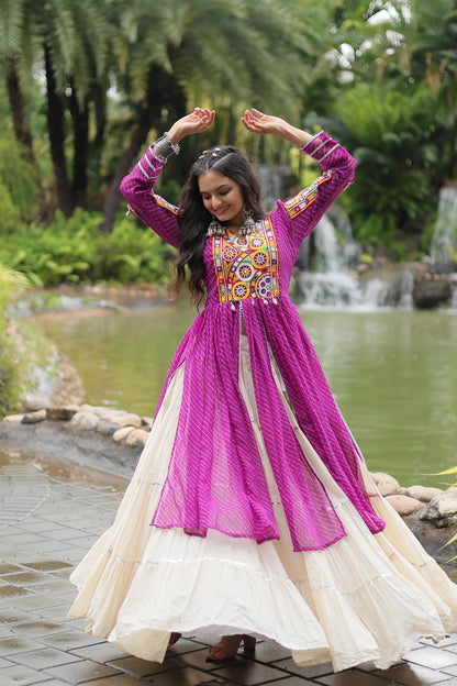 Special Navratri Wear Purple Color Kora Cotton With Standard Frill Stitching Kurti With Lehenga