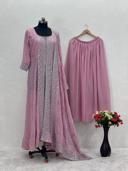 Wedding Wear Lavender Color Heavy Faux Georgette With Embroidery Sequence Work Designer Sharara Suit