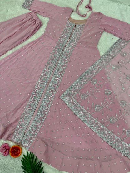 Wedding Wear Lavender Color Heavy Faux Georgette With Embroidery Sequence Work Designer Sharara Suit
