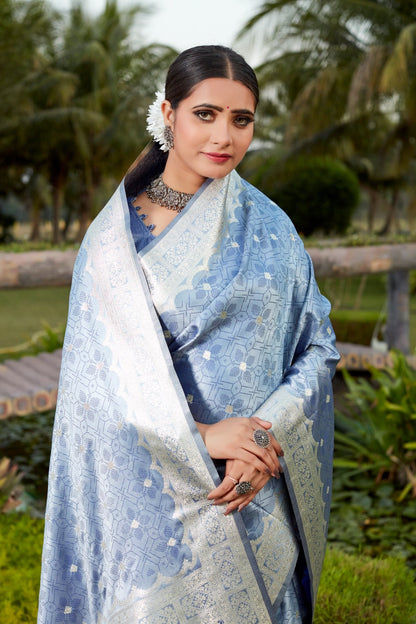 Wedding Wear Sky Blue Color Pure Kanjivaram Soft Satin Silk Saree