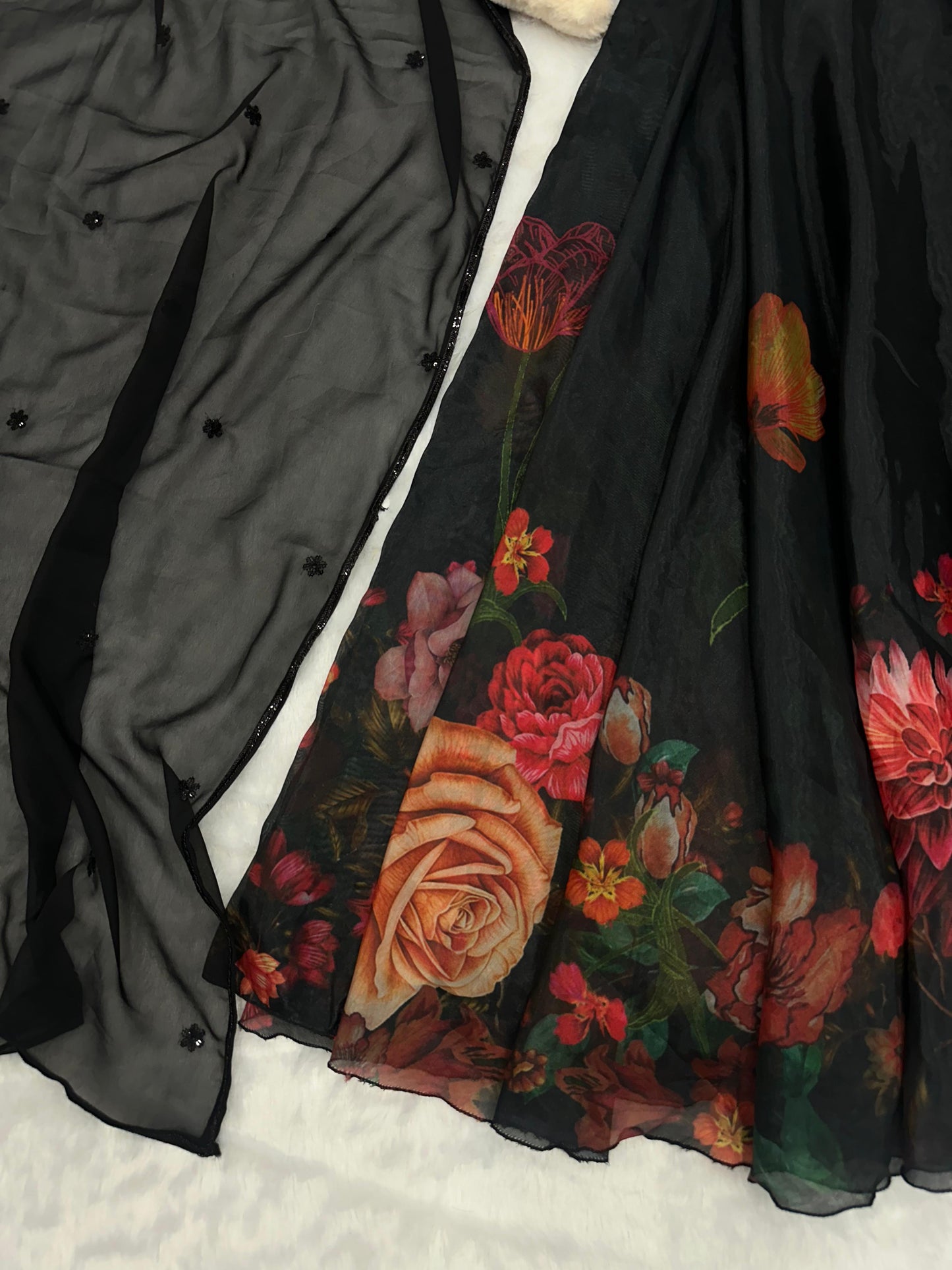 Trendy Black Color Chinon Pure Jimmy Organza Silk Floral Printed With 8 Meter Lehenga Choli