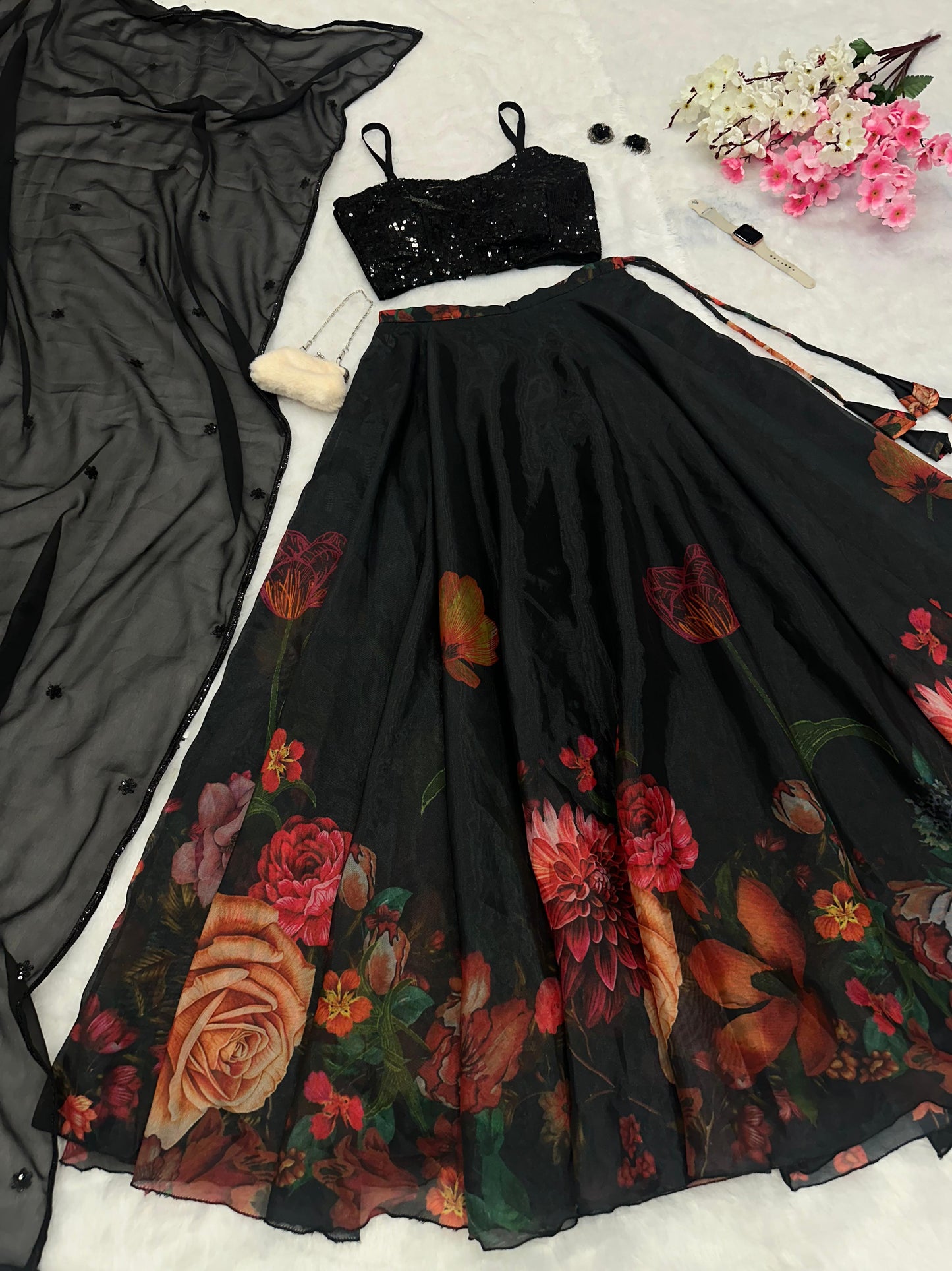 Trendy Black Color Chinon Pure Jimmy Organza Silk Floral Printed With 8 Meter Lehenga Choli