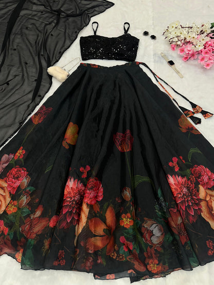 Trendy Black Color Chinon Pure Jimmy Organza Silk Floral Printed With 8 Meter Lehenga Choli