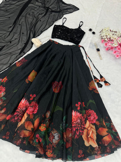 Trendy Black Color Chinon Pure Jimmy Organza Silk Floral Printed With 8 Meter Lehenga Choli