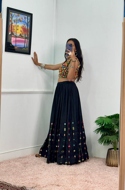 Garba Special Wear Black Color Rayon With Heavy Embroidery Work With Real Mirror Work Navratri Lehenga Choli