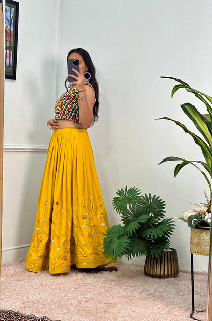 Garba Special Wear Yellow Color Rayon With Heavy Embroidery Work With Real Mirror Work Navratri Lehenga Choli