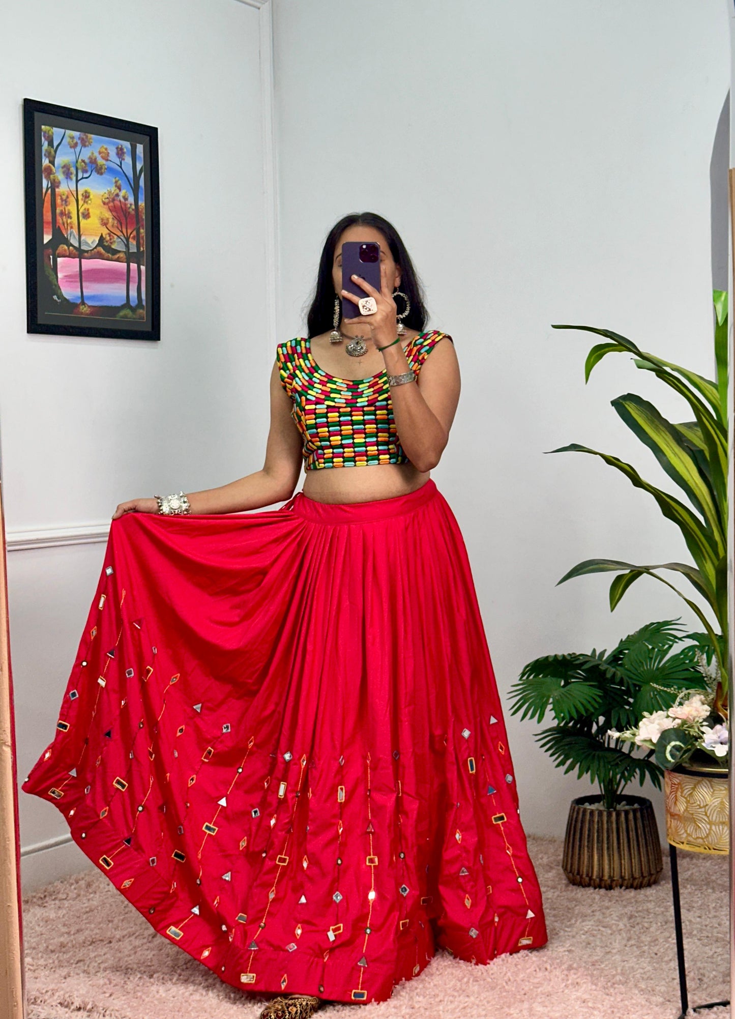 Garba Special Wear Red Color Rayon With Heavy Embroidery Work With Real Mirror Work Navratri Lehenga Choli