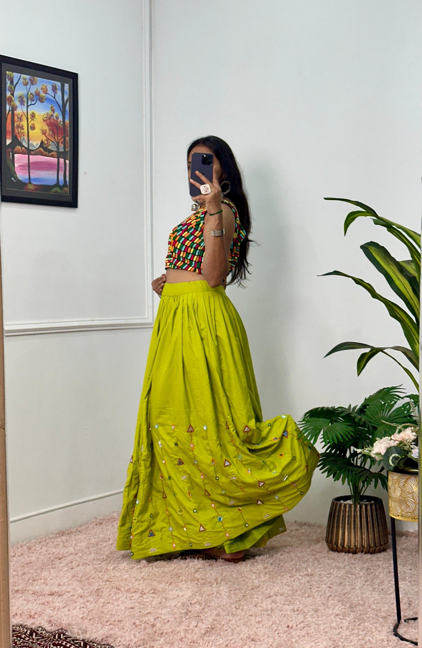 Garba Special Wear Green Color Rayon With Heavy Embroidery Work With Real Mirror Work Navratri Lehenga Choli