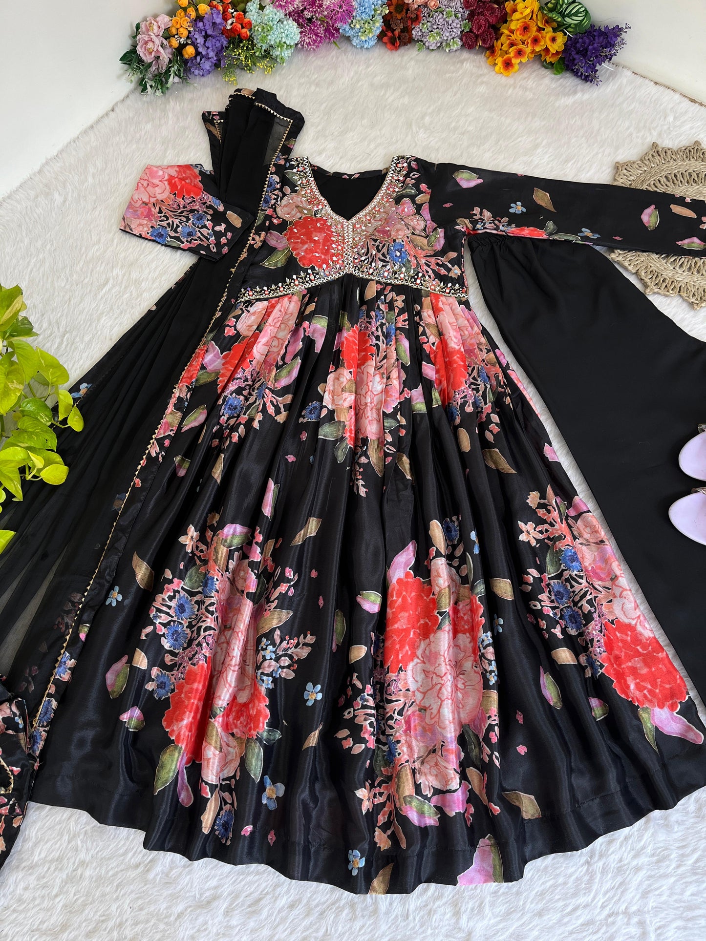 Engagement Wear Black Color Chinon Soft With Digital Printed Multi Color Beautiful Hand Made Designer Gown