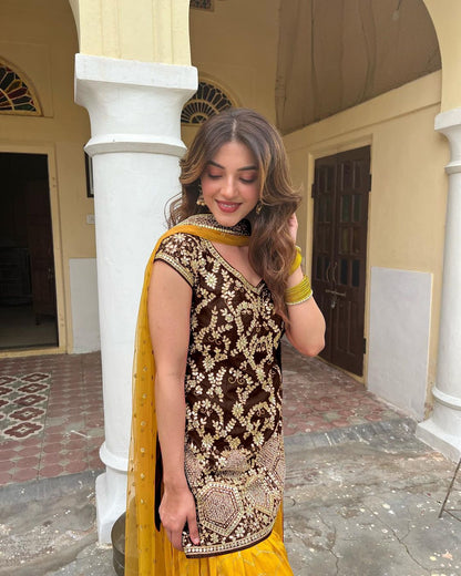 Punjabi Style Brown Color Pure Vichitra Silk With Heavy Embroidery Sequence Work Patiyala Suit