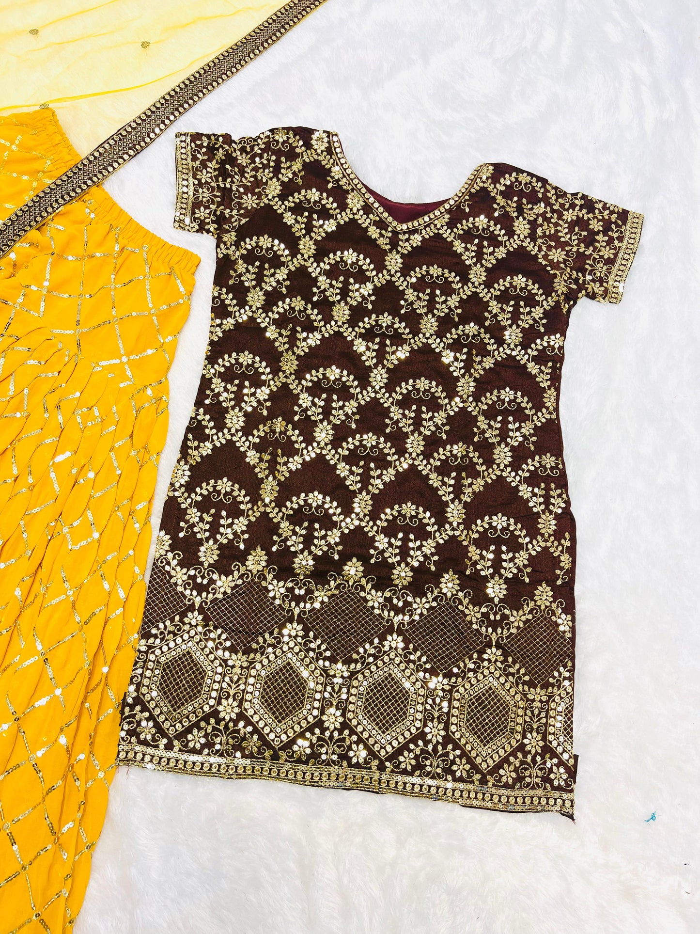Punjabi Style Brown Color Pure Vichitra Silk With Heavy Embroidery Sequence Work Patiyala Suit