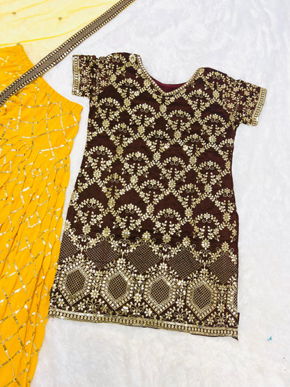 Punjabi Style Brown Color Pure Vichitra Silk With Heavy Embroidery Sequence Work Patiyala Suit