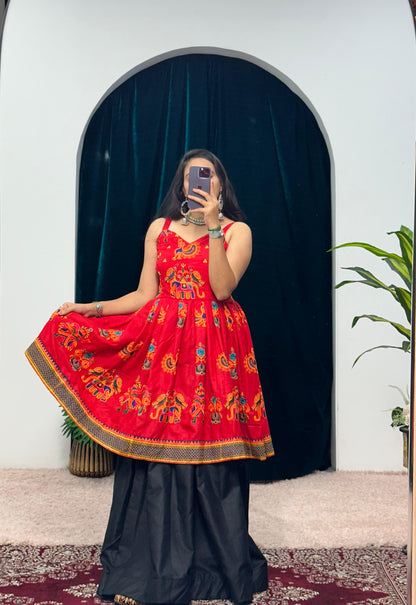 Navratri Collection Red Color Cotton With Full Embroidery Work Top With Lehenga