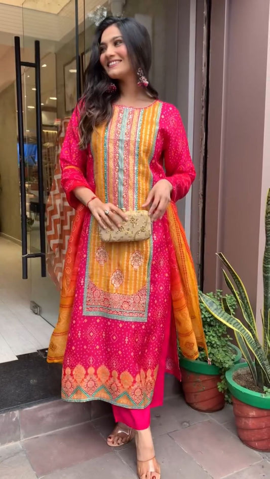 Orange And Pink Color Heavy Pure Chinon Silk With Digital Printed And Handwork And Diamond Handwork Designer Salwar Suit