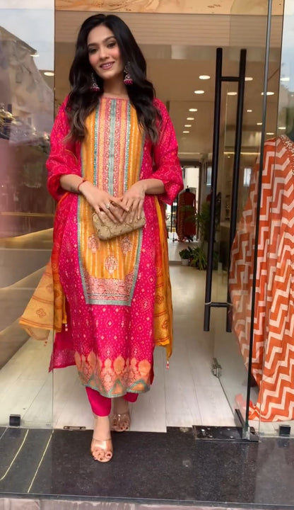 Orange And Pink Color Heavy Pure Chinon Silk With Digital Printed And Handwork And Diamond Handwork Designer Salwar Suit