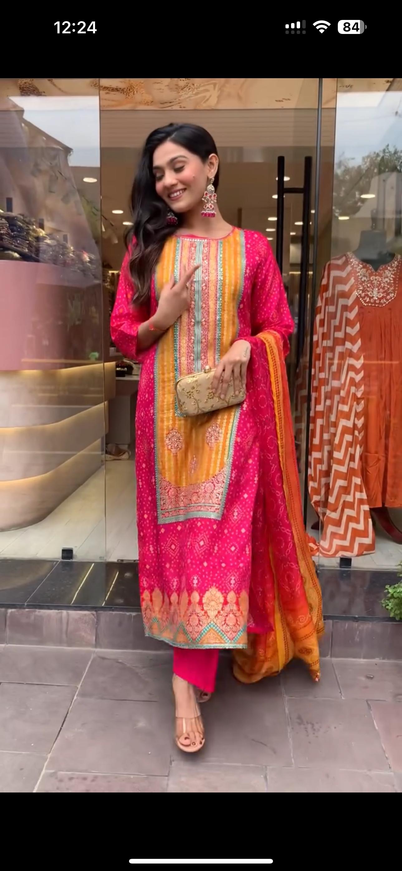 Orange And Pink Color Heavy Pure Chinon Silk With Digital Printed And Handwork And Diamond Handwork Designer Salwar Suit