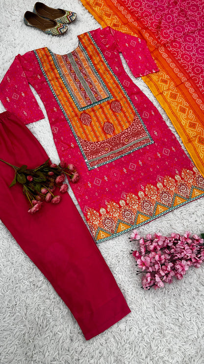 Orange And Pink Color Heavy Pure Chinon Silk With Digital Printed And Handwork And Diamond Handwork Designer Salwar Suit