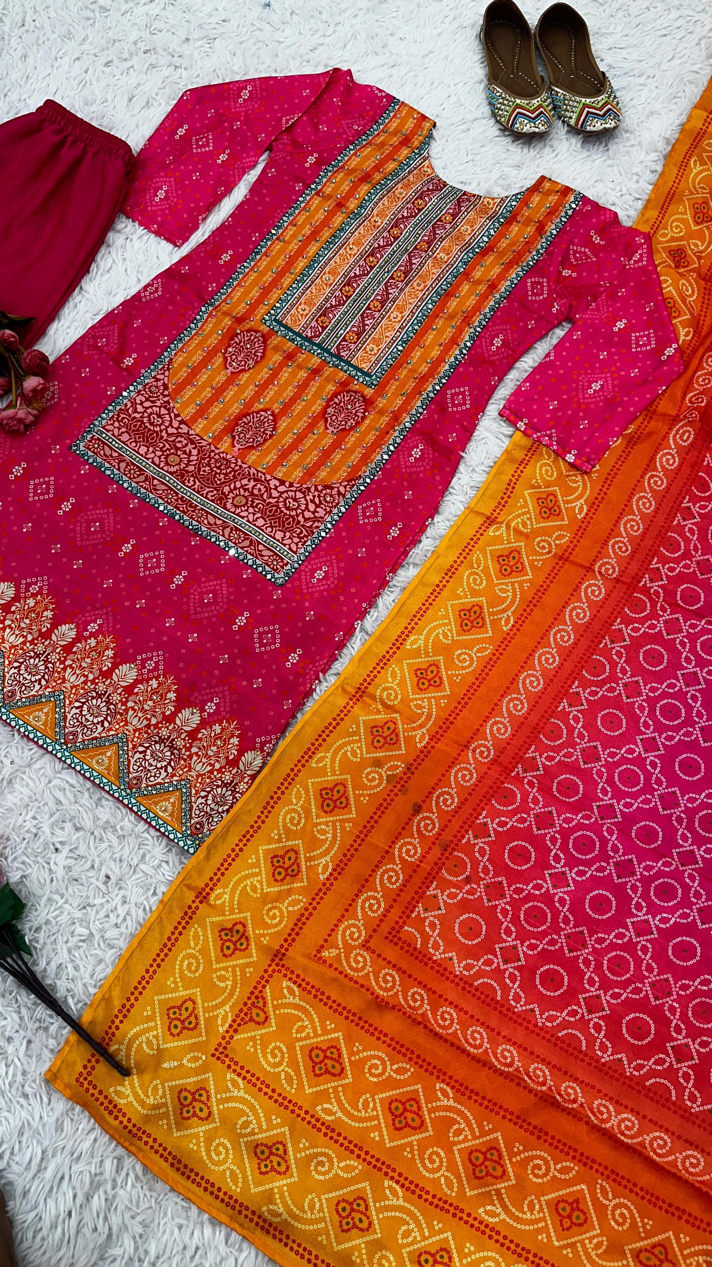 Orange And Pink Color Heavy Pure Chinon Silk With Digital Printed And Handwork And Diamond Handwork Designer Salwar Suit