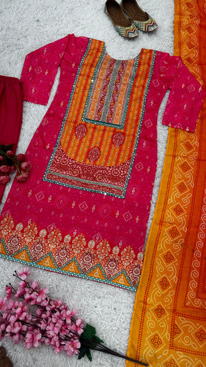 Orange And Pink Color Heavy Pure Chinon Silk With Digital Printed And Handwork And Diamond Handwork Designer Salwar Suit