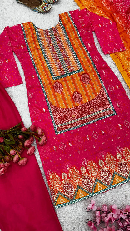Orange And Pink Color Heavy Pure Chinon Silk With Digital Printed And Handwork And Diamond Handwork Designer Salwar Suit