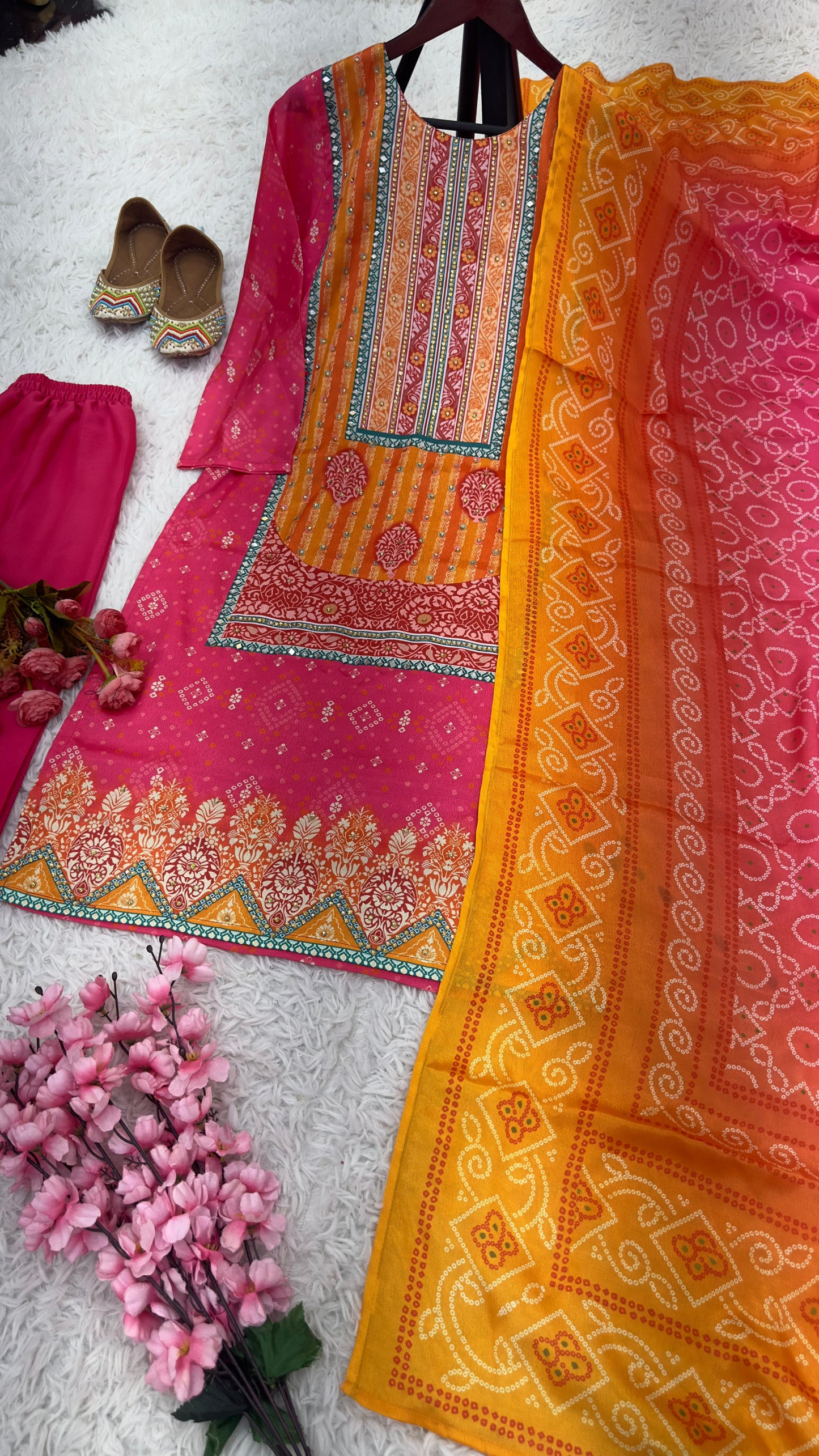 Orange And Pink Color Heavy Pure Chinon Silk With Digital Printed And Handwork And Diamond Handwork Designer Salwar Suit