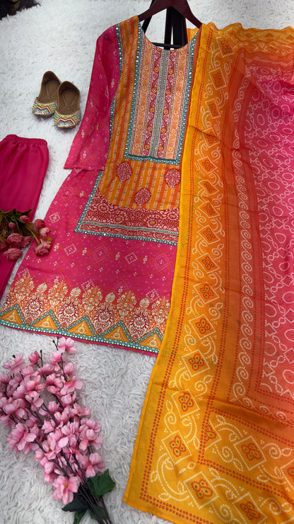 Orange And Pink Color Heavy Pure Chinon Silk With Digital Printed And Handwork And Diamond Handwork Designer Salwar Suit