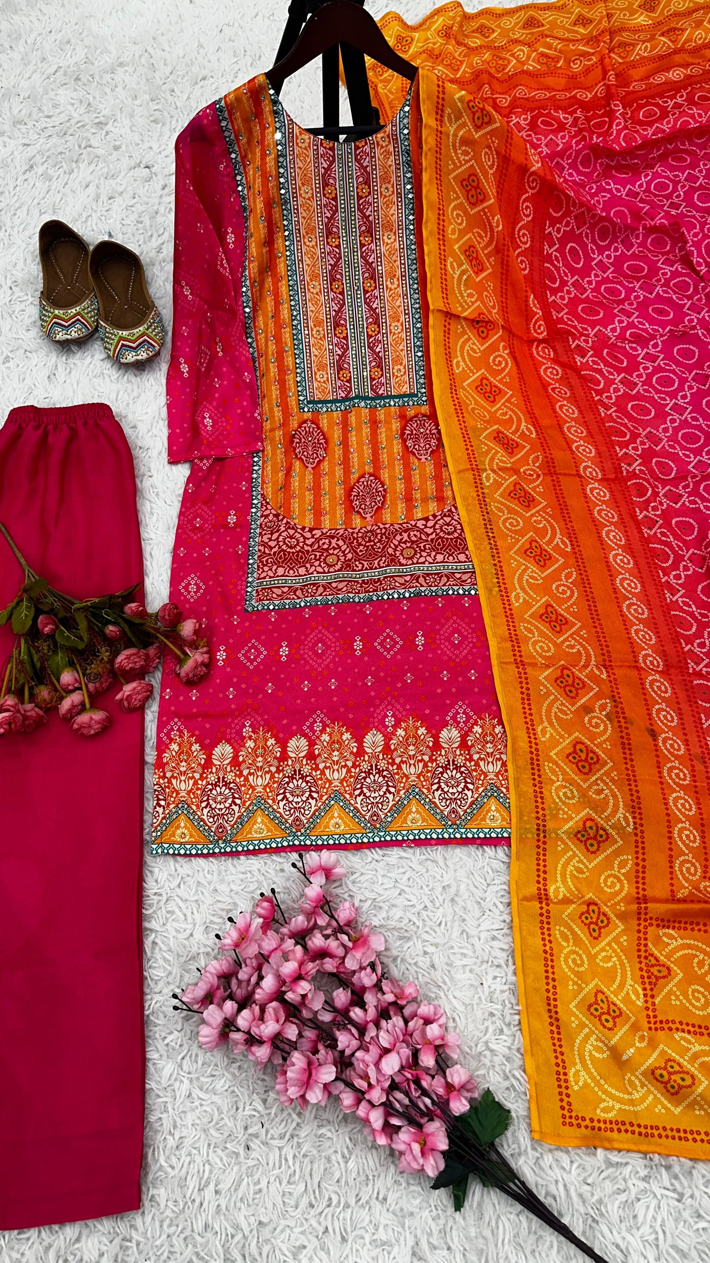 Orange And Pink Color Heavy Pure Chinon Silk With Digital Printed And Handwork And Diamond Handwork Designer Salwar Suit