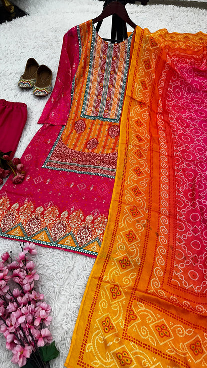 Orange And Pink Color Heavy Pure Chinon Silk With Digital Printed And Handwork And Diamond Handwork Designer Salwar Suit