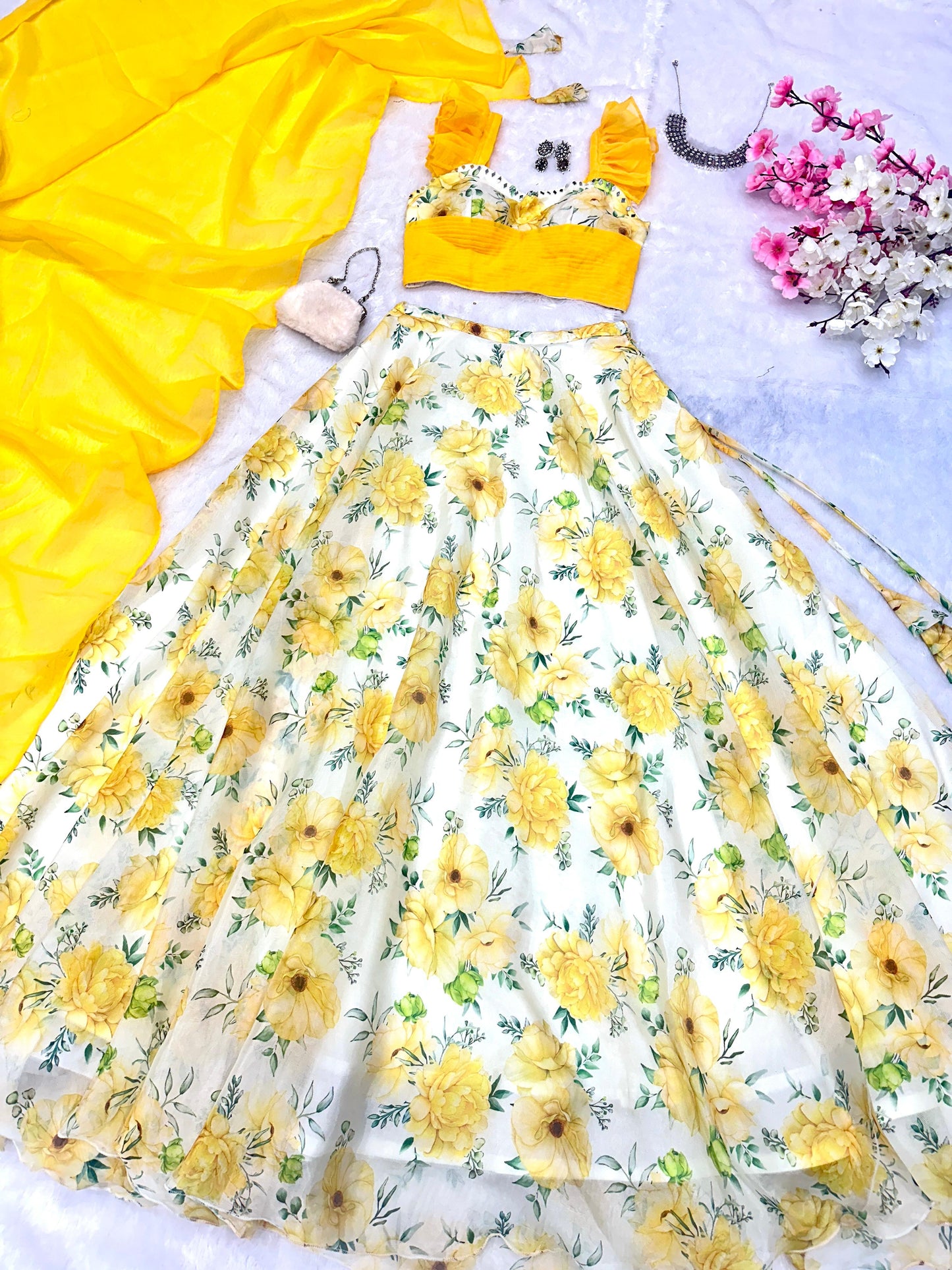 Haldi Wear Yellow Color Pure Jimmy Organza Silk Floral Printed With 8 Meter Lehenga Choli