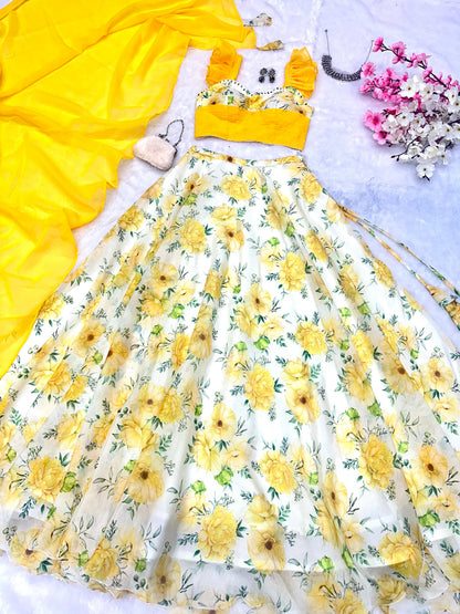 Haldi Wear Yellow Color Pure Jimmy Organza Silk Floral Printed With 8 Meter Lehenga Choli