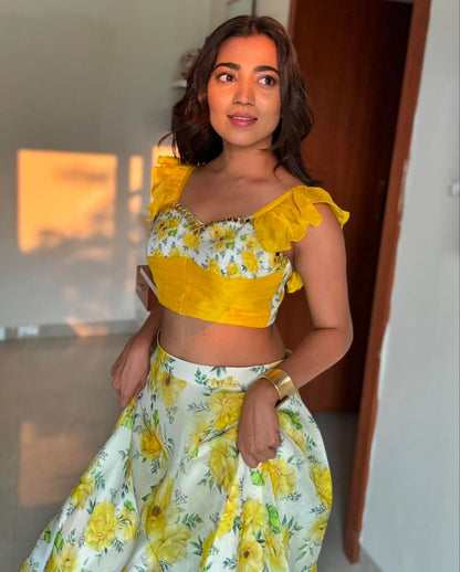 Haldi Wear Yellow Color Pure Jimmy Organza Silk Floral Printed With 8 Meter Lehenga Choli