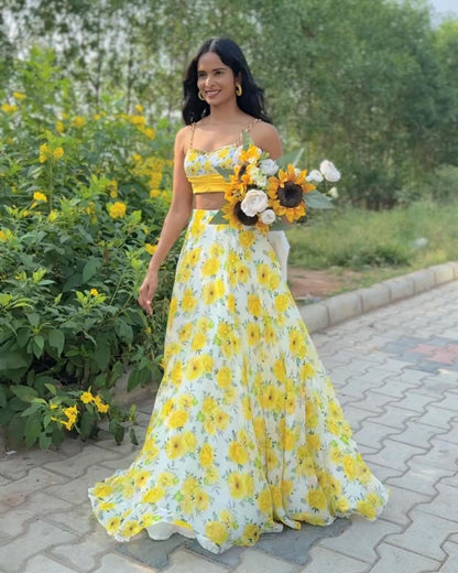 Haldi Wear Yellow Color Pure Jimmy Organza Silk Floral Printed With 8 Meter Lehenga Choli