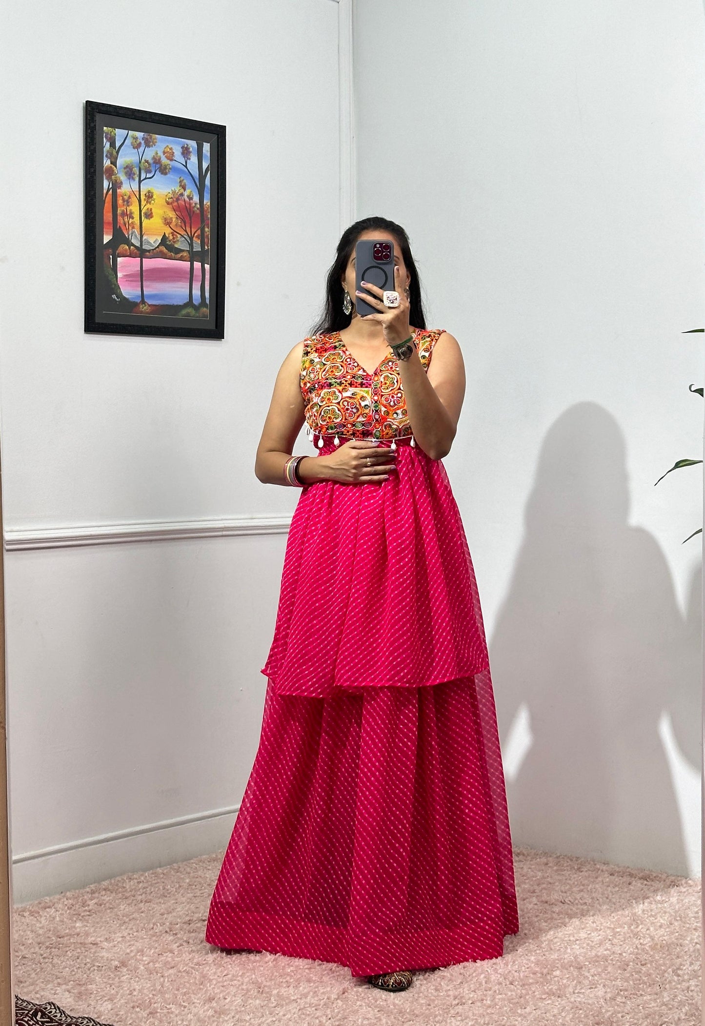 Garba Wear Pink Color Printed Faux Georgette With 4 Meter Top With Lehenga