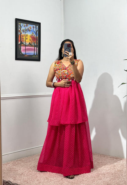 Garba Wear Pink Color Printed Faux Georgette With 4 Meter Top With Lehenga